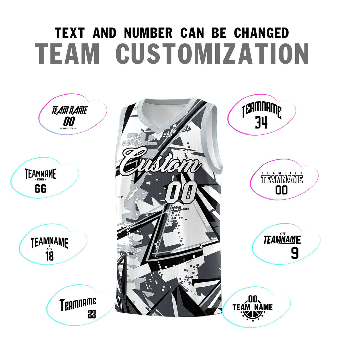 Custom Youth Basketball Jerseys Gray Silver Abstract Graffiti Personalized Team Name & Number