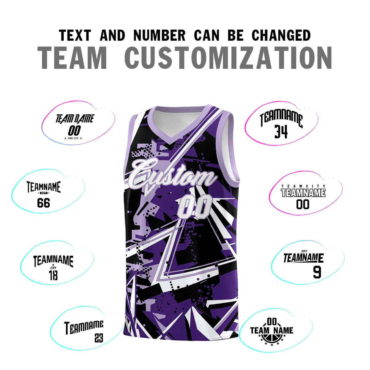 Custom Youth Basketball Jerseys Purple Light Purple Abstract Graffiti Urban Style Personalized Uniform