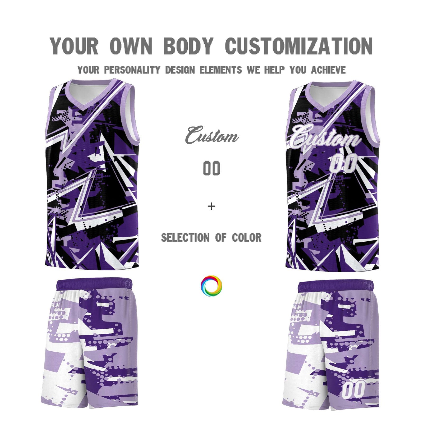 Custom Youth Basketball Jerseys Purple Light Purple Abstract Graffiti Urban Style Personalized Uniform