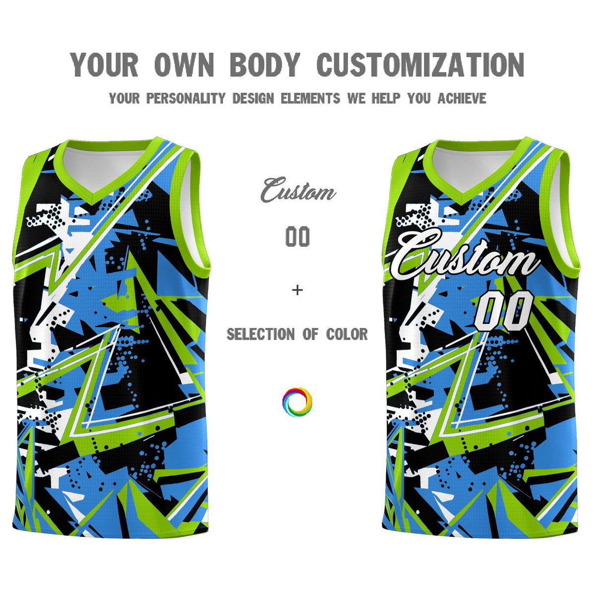 Custom Youth Basketball Jerseys Light Blue Neon Green Abstract Graffiti Personalized Street Style Uniform