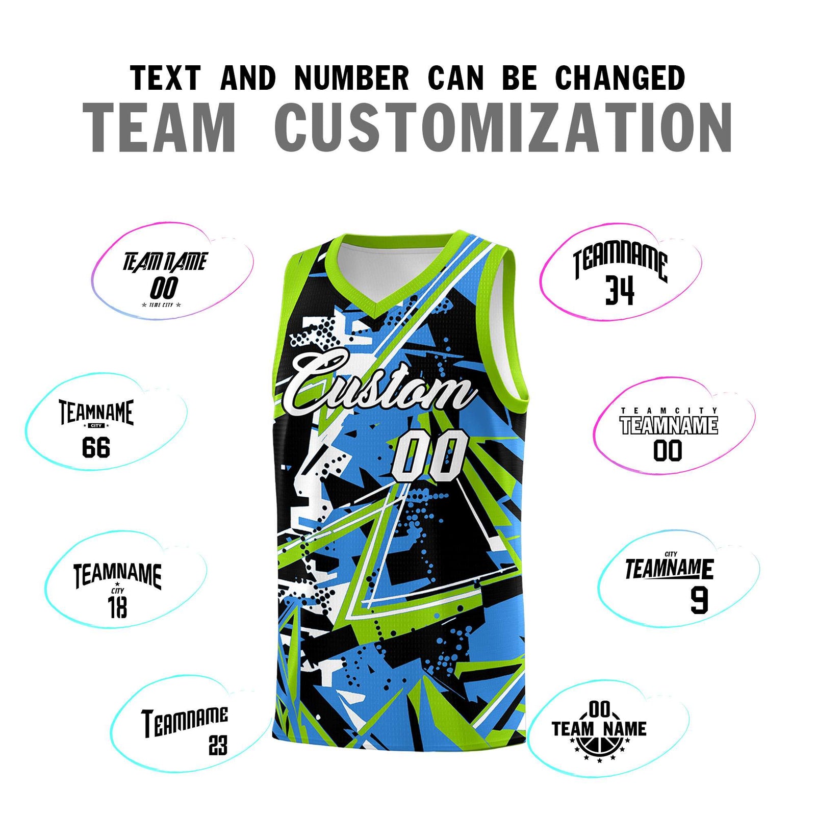 Custom Youth Basketball Jerseys Light Blue Neon Green Abstract Graffiti Personalized Street Style Uniform