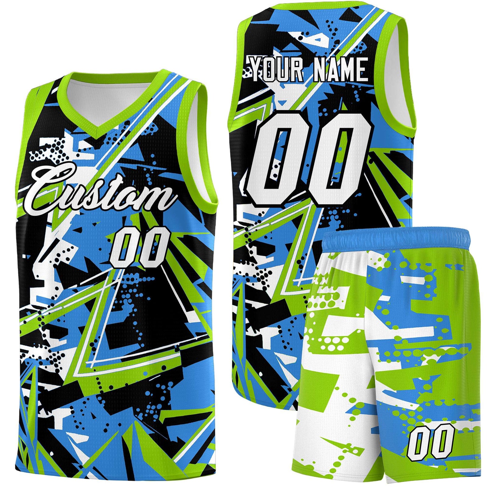 Custom Youth Basketball Jerseys Light Blue Neon Green Abstract Graffiti Personalized Street Style Uniform