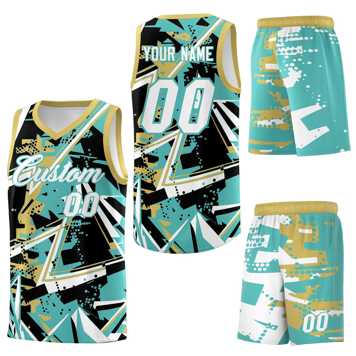 Custom Youth Basketball Jerseys Teal Old Gold Abstract Graffiti Personalized Street Style Uniform