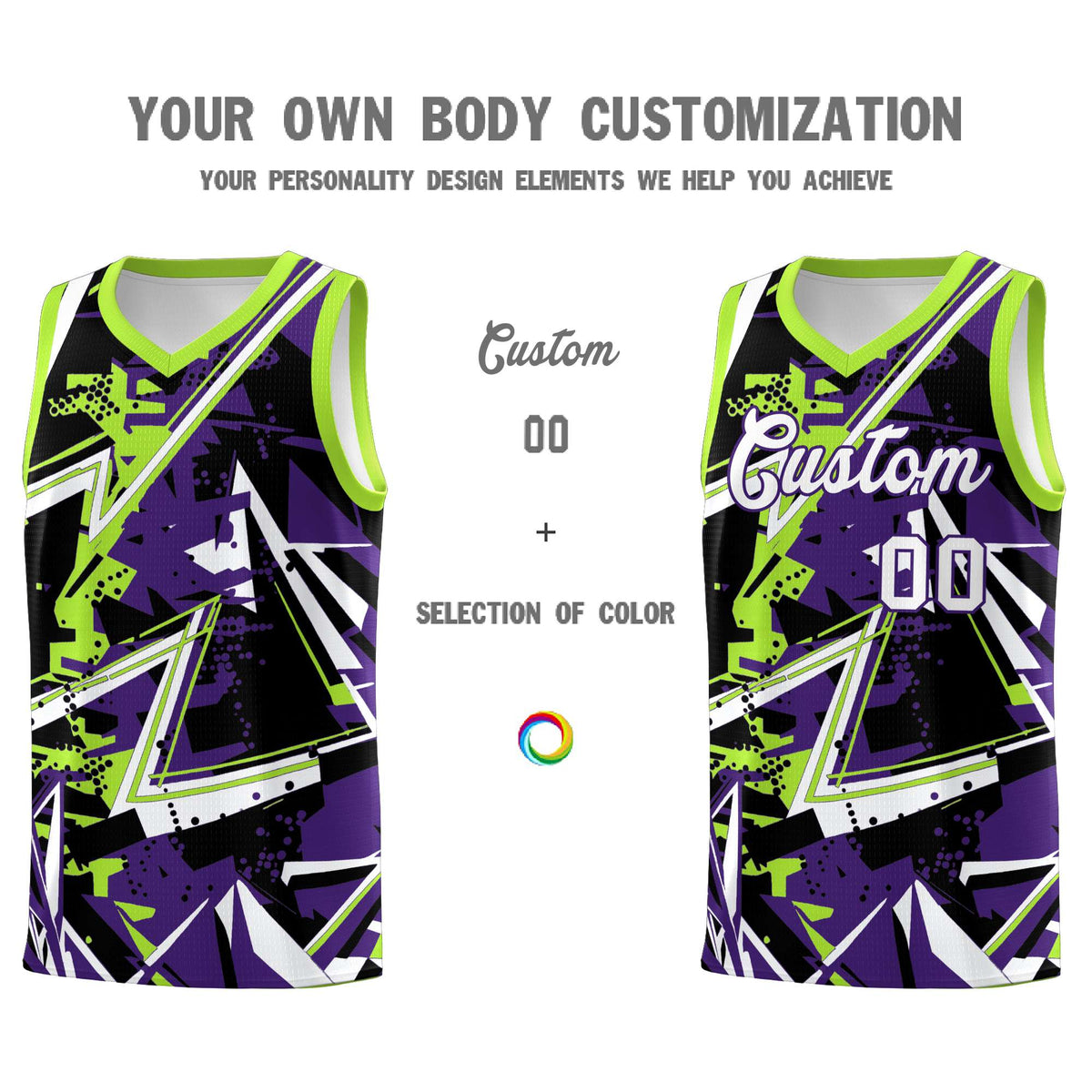 Custom Youth Basketball Jerseys Purple Neon Green Abstract Graffiti Personalized Team Name & Number
