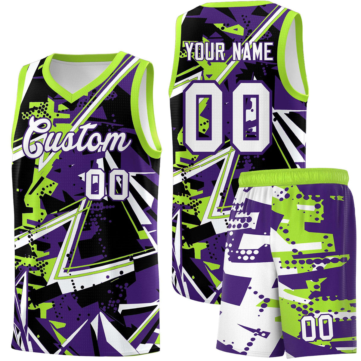 Custom Youth Basketball Jerseys Purple Neon Green Abstract Graffiti Personalized Team Name & Number
