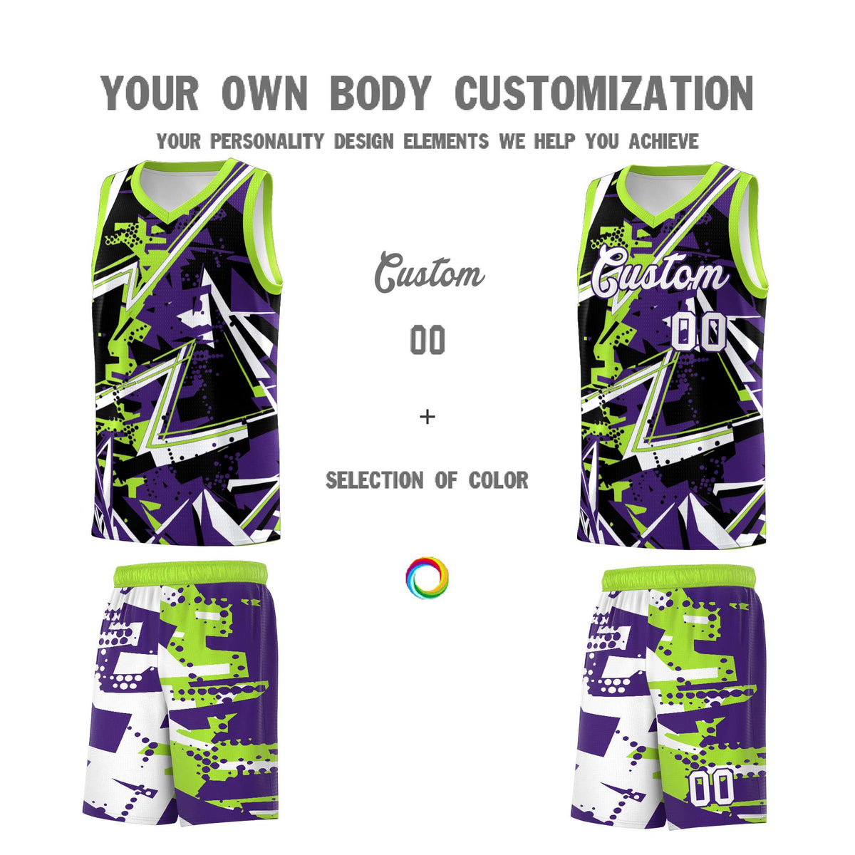 Custom Youth Basketball Jerseys Purple Neon Green Abstract Graffiti Personalized Team Name & Number