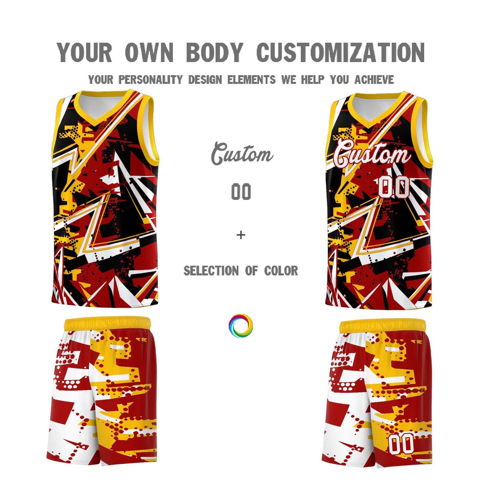 Custom Youth Basketball Jerseys Red Yellow Abstract Graffiti Personalized Street Style Uniform