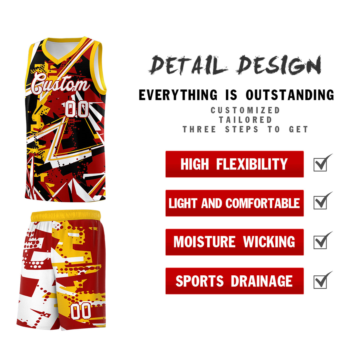 Custom Youth Basketball Jerseys Red Yellow Abstract Graffiti Personalized Street Style Uniform