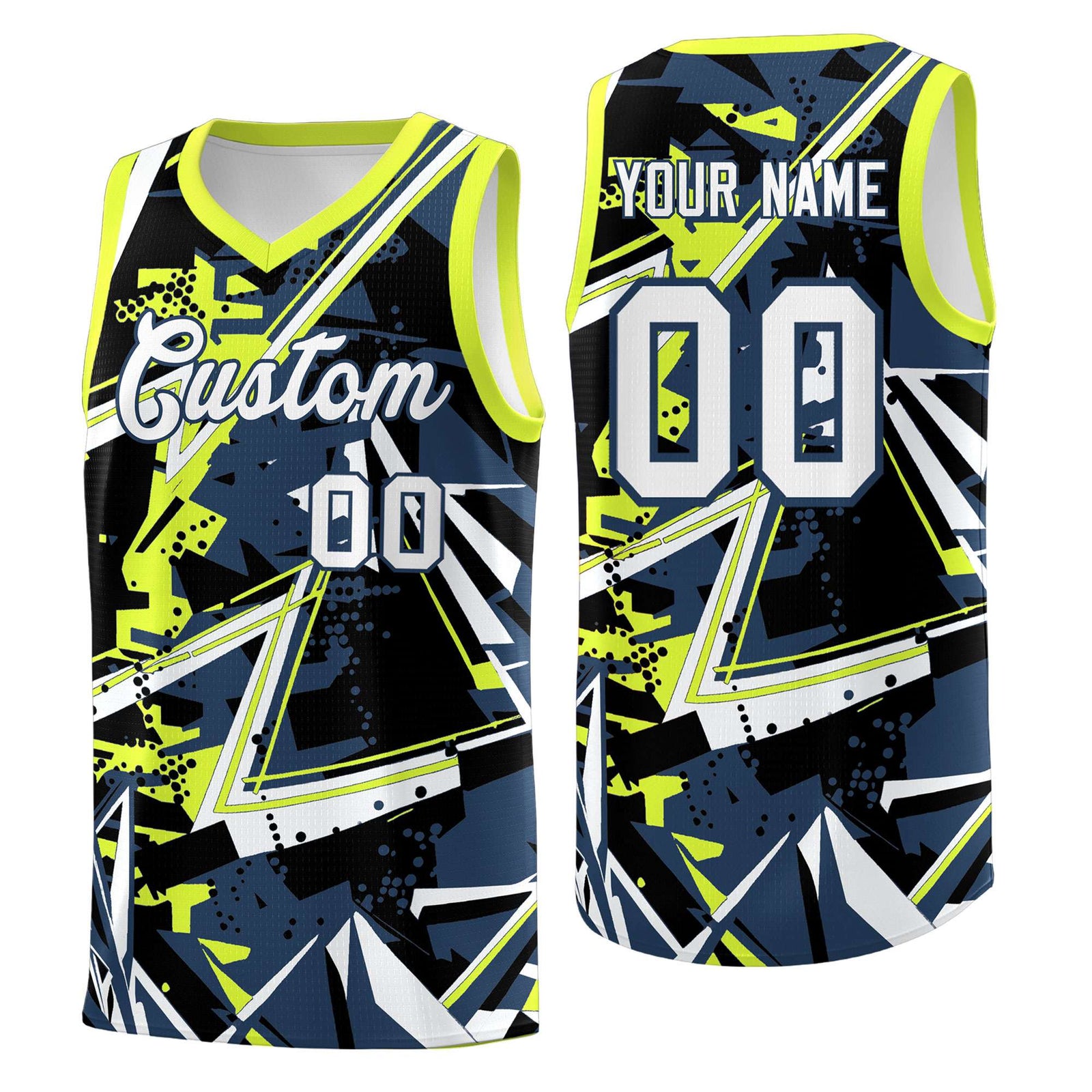 Custom Youth Basketball Jerseys Midnight Blue Fluorescent Green Abstract Graffiti Urban Style Personalized Uniform