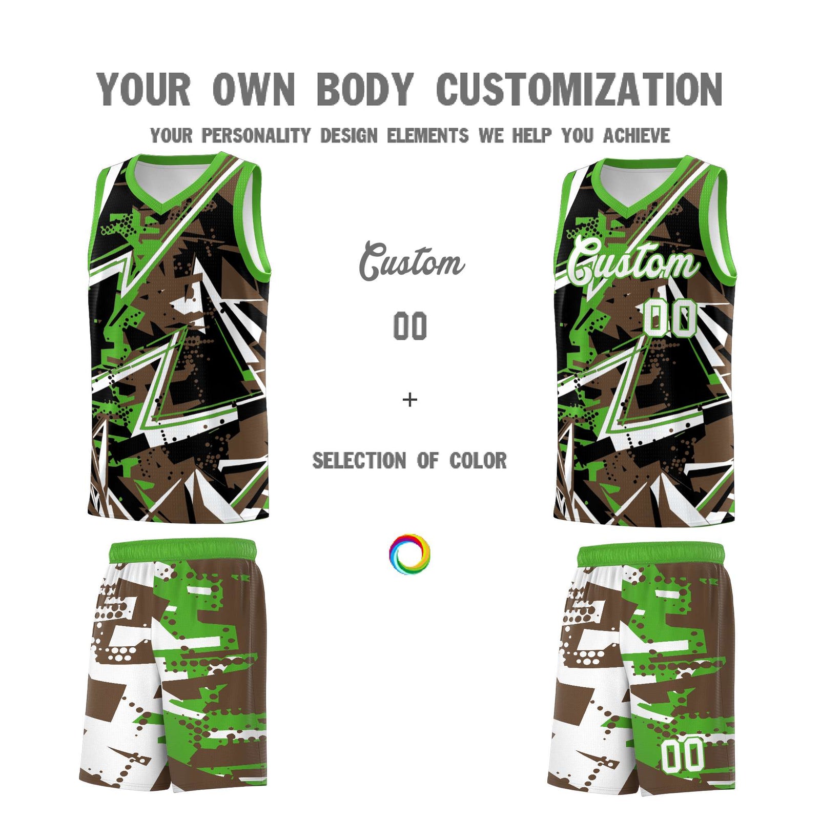 Custom Youth Basketball Jerseys Light Brown Light Green Abstract Graffiti Personalized Street Style Uniform