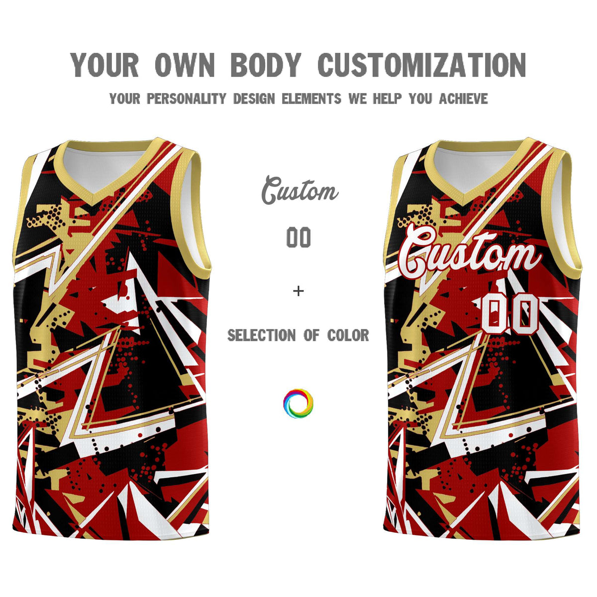 Custom Youth Basketball Jerseys Red Old Gold Abstract Graffiti Personalized Team Name & Number