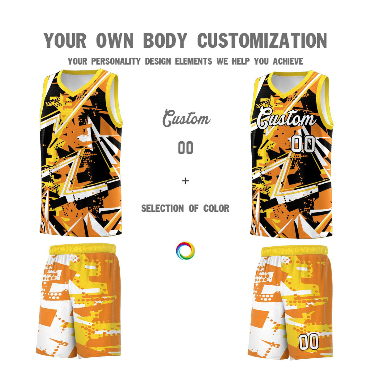 Custom Youth Basketball Jerseys Orange Gold Abstract Graffiti Personalized Street Style Uniform