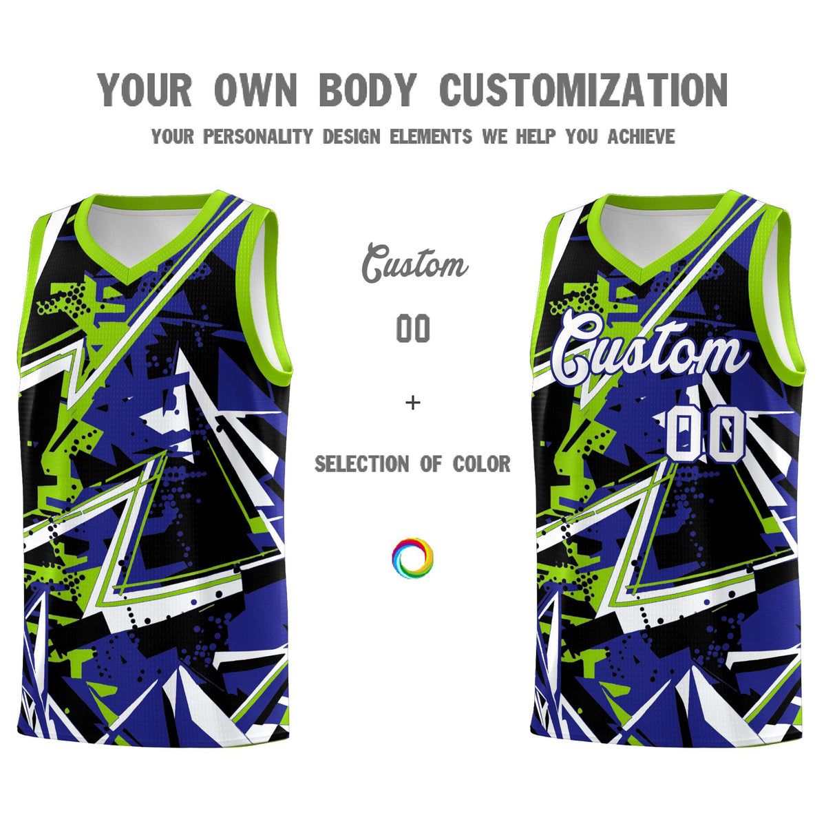 Custom Youth Basketball Jerseys Royal Neon Green Abstract Graffiti Urban Style Personalized Uniform