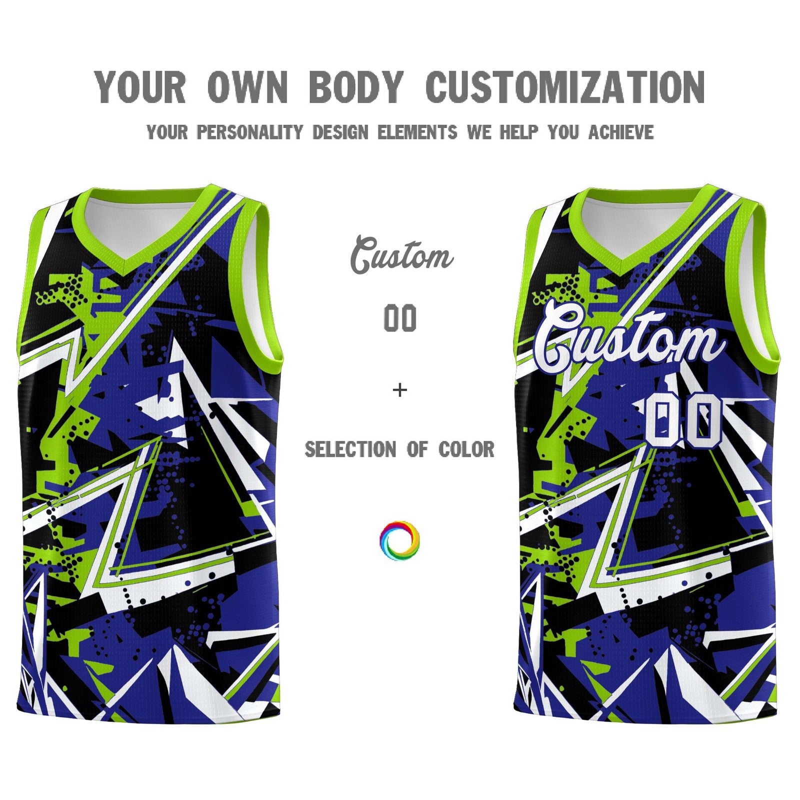Custom Youth Basketball Jerseys Royal Neon Green Abstract Graffiti Urban Style Personalized Uniform