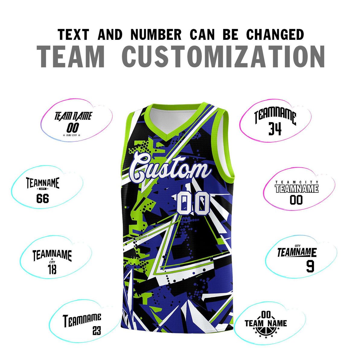 Custom Youth Basketball Jerseys Royal Neon Green Abstract Graffiti Urban Style Personalized Uniform