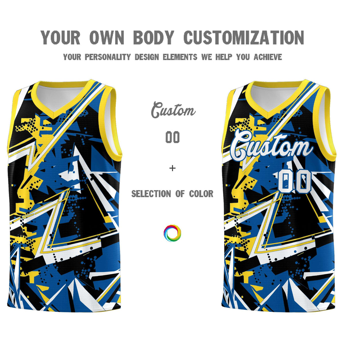 Custom Youth Basketball Jerseys Royal Gold Abstract Graffiti Personalized Team Name & Number