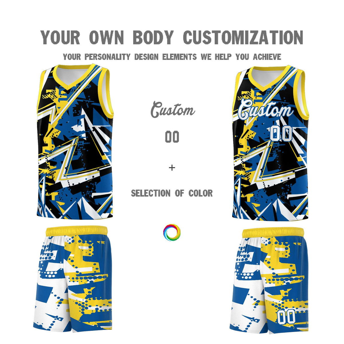 Custom Youth Basketball Jerseys Royal Gold Abstract Graffiti Personalized Team Name & Number