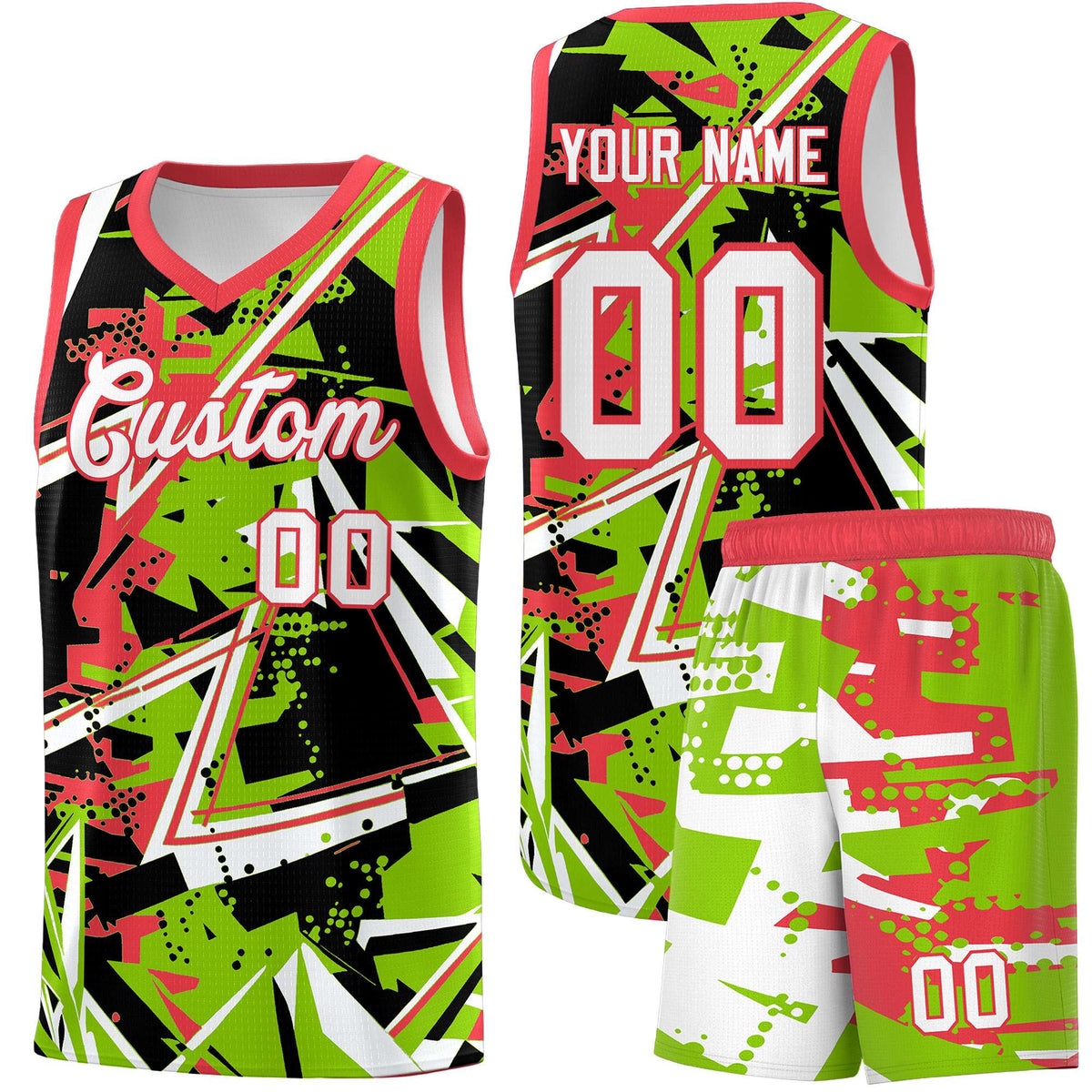 Custom Youth Basketball Jerseys Neon Green Light Red Abstract Graffiti Personalized Street Style Uniform