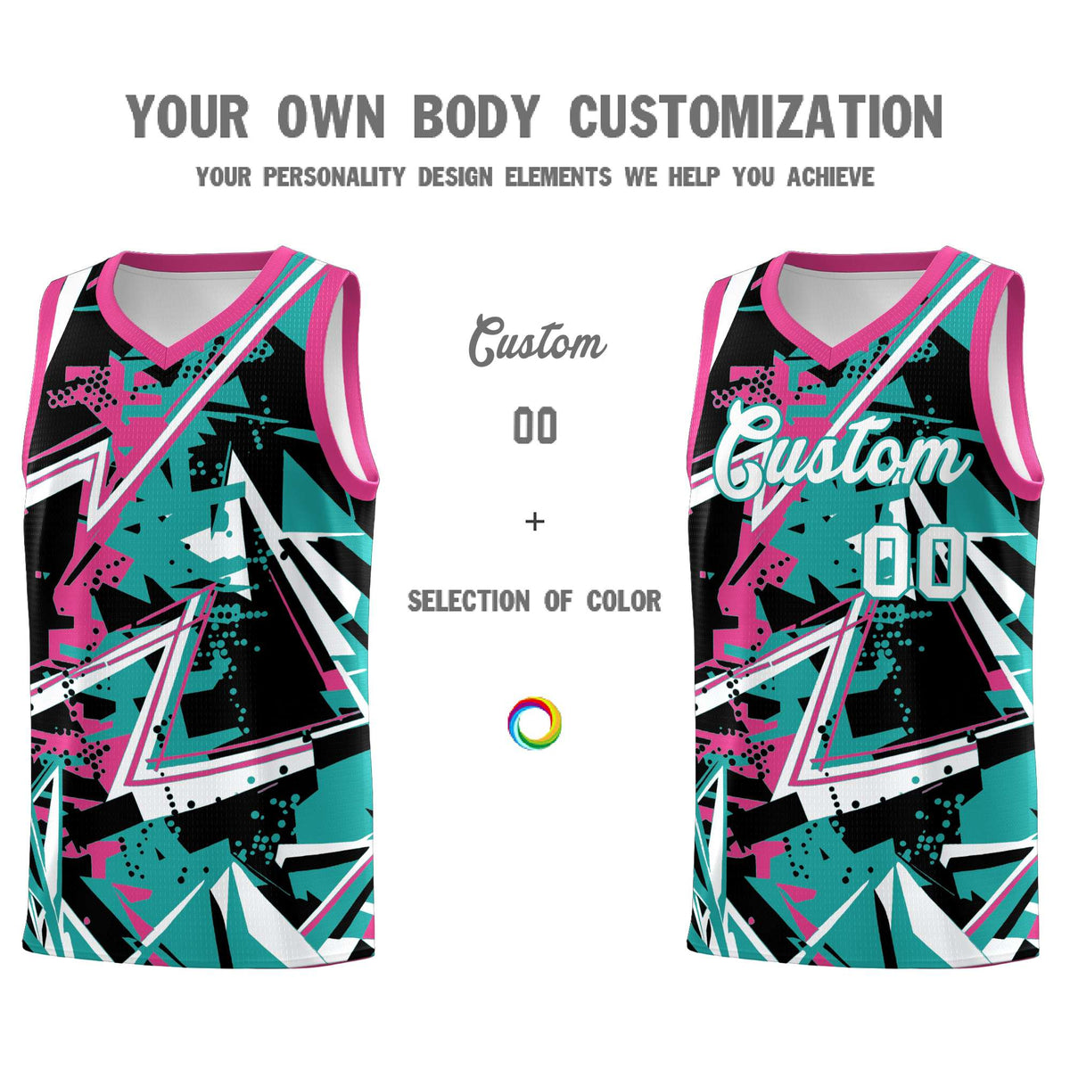 Custom Youth Basketball Jerseys Aqua Rose Red Abstract Graffiti Urban Style Personalized Uniform