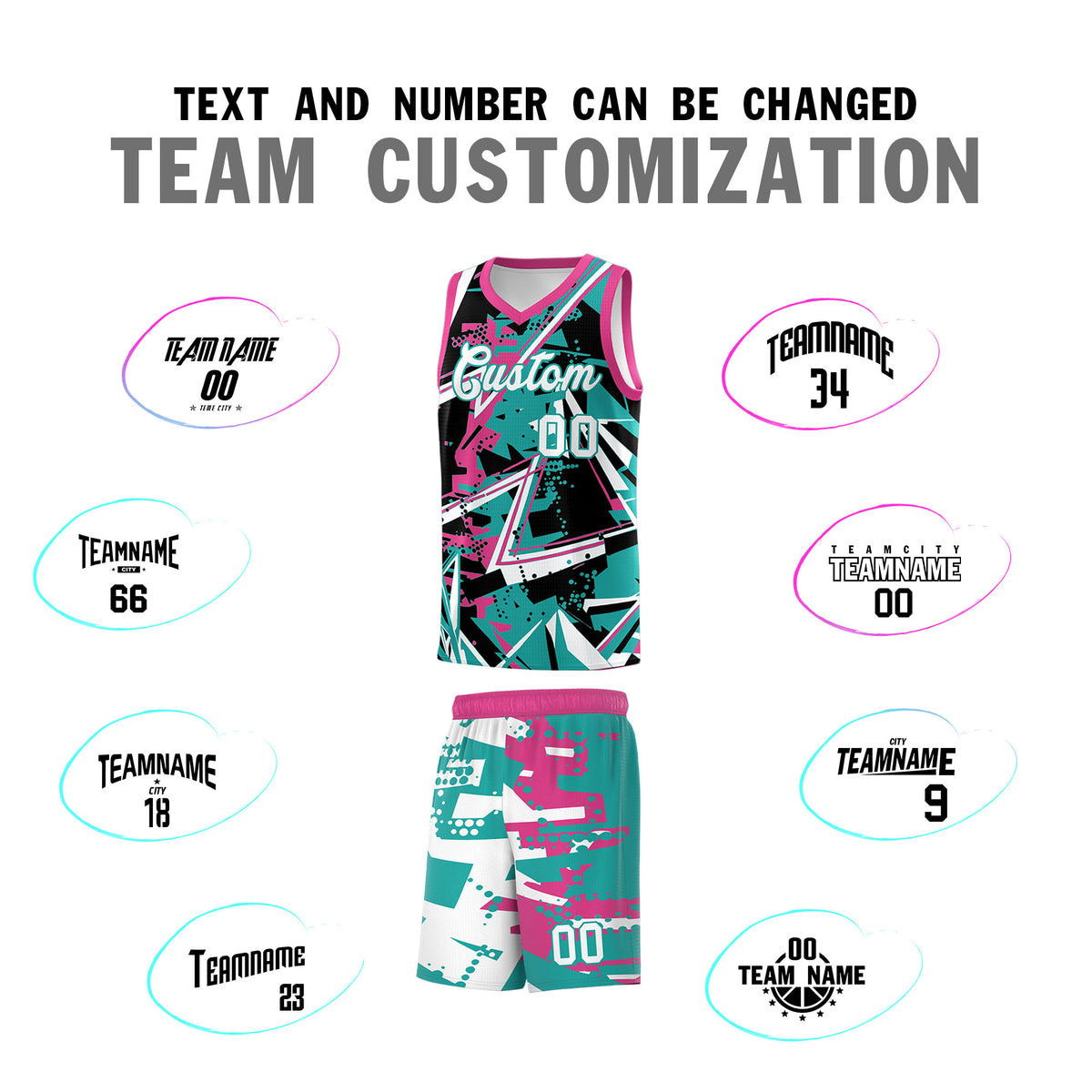 Custom Youth Basketball Jerseys Aqua Rose Red Abstract Graffiti Urban Style Personalized Uniform