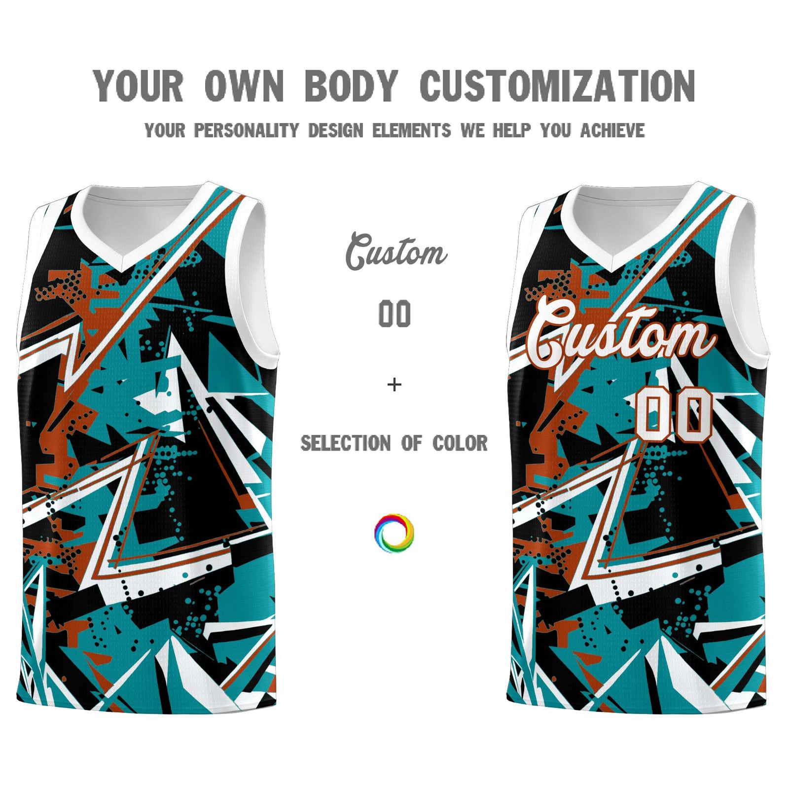 Custom Youth Basketball Jerseys Teal Dark Orange Abstract Graffiti Personalized Street Style Uniform