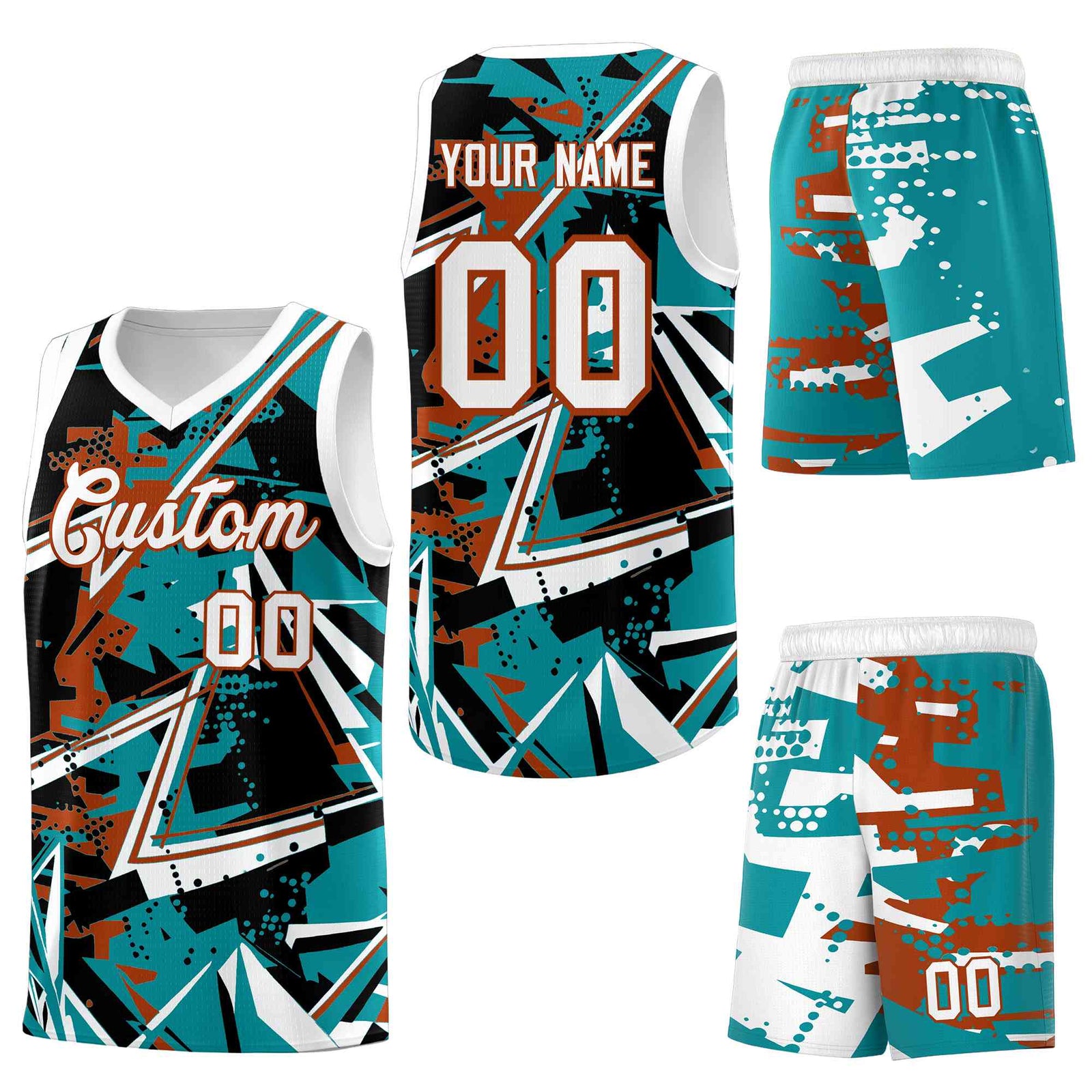 Custom Youth Basketball Jerseys Teal Dark Orange Abstract Graffiti Personalized Street Style Uniform