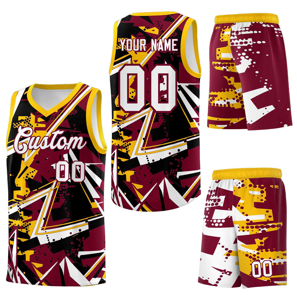 Custom Youth Basketball Jerseys Crimson Yellow Abstract Graffiti Urban Style Personalized Uniform