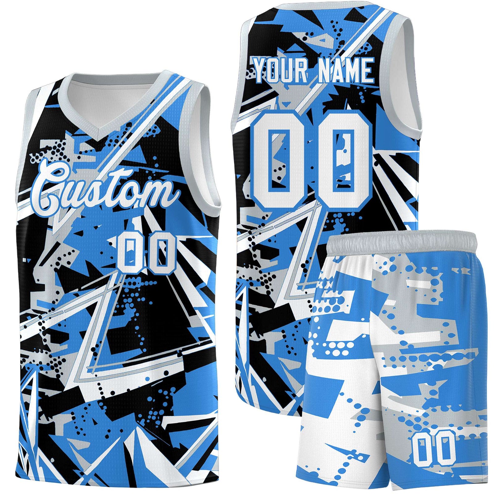 Custom Youth Basketball Jerseys Light Blue Silver Abstract Graffiti Personalized Team Name & Number