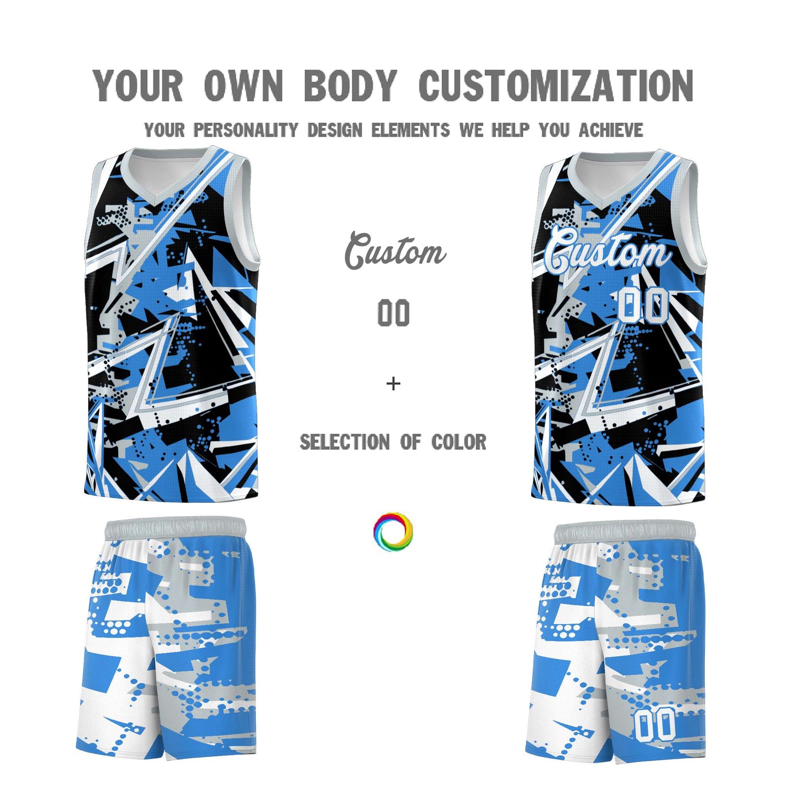 Custom Youth Basketball Jerseys Light Blue Silver Abstract Graffiti Personalized Team Name & Number