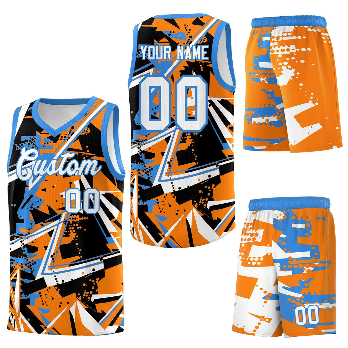 Custom Youth Basketball Jerseys Orange Light Blue Abstract Graffiti Personalized Street Style Uniform