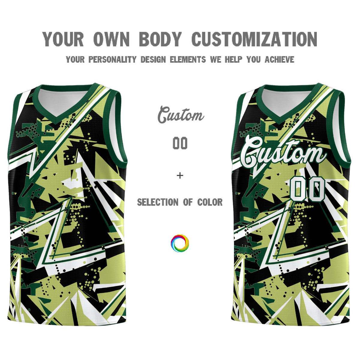 Custom Youth Basketball Jerseys Champagne Kelly Green Abstract Graffiti Urban Style Personalized Uniform