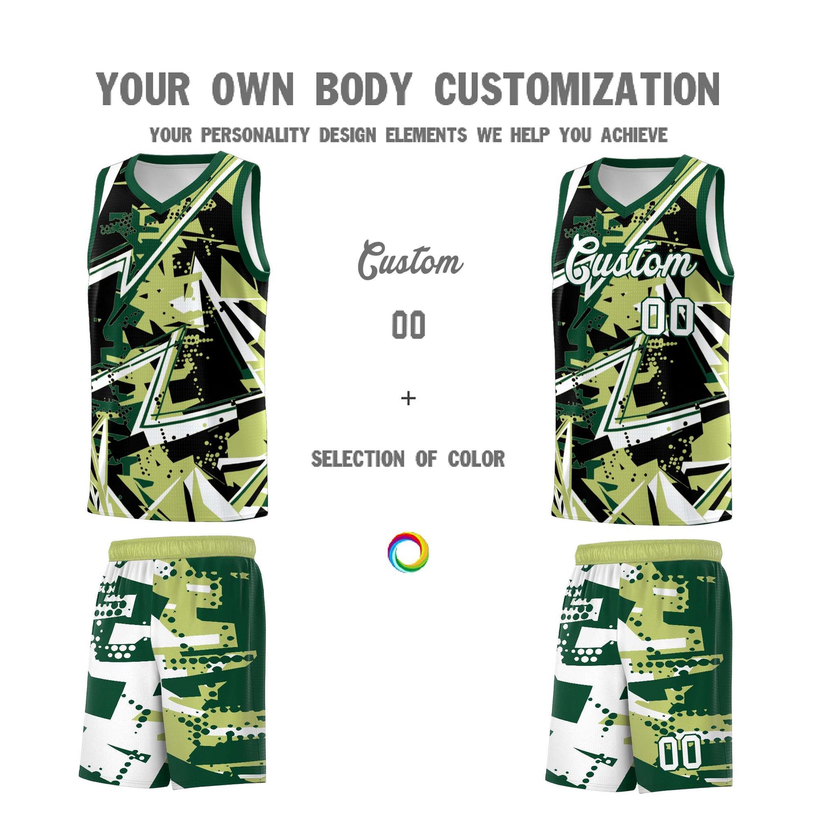 Custom Youth Basketball Jerseys Champagne Kelly Green Abstract Graffiti Urban Style Personalized Uniform
