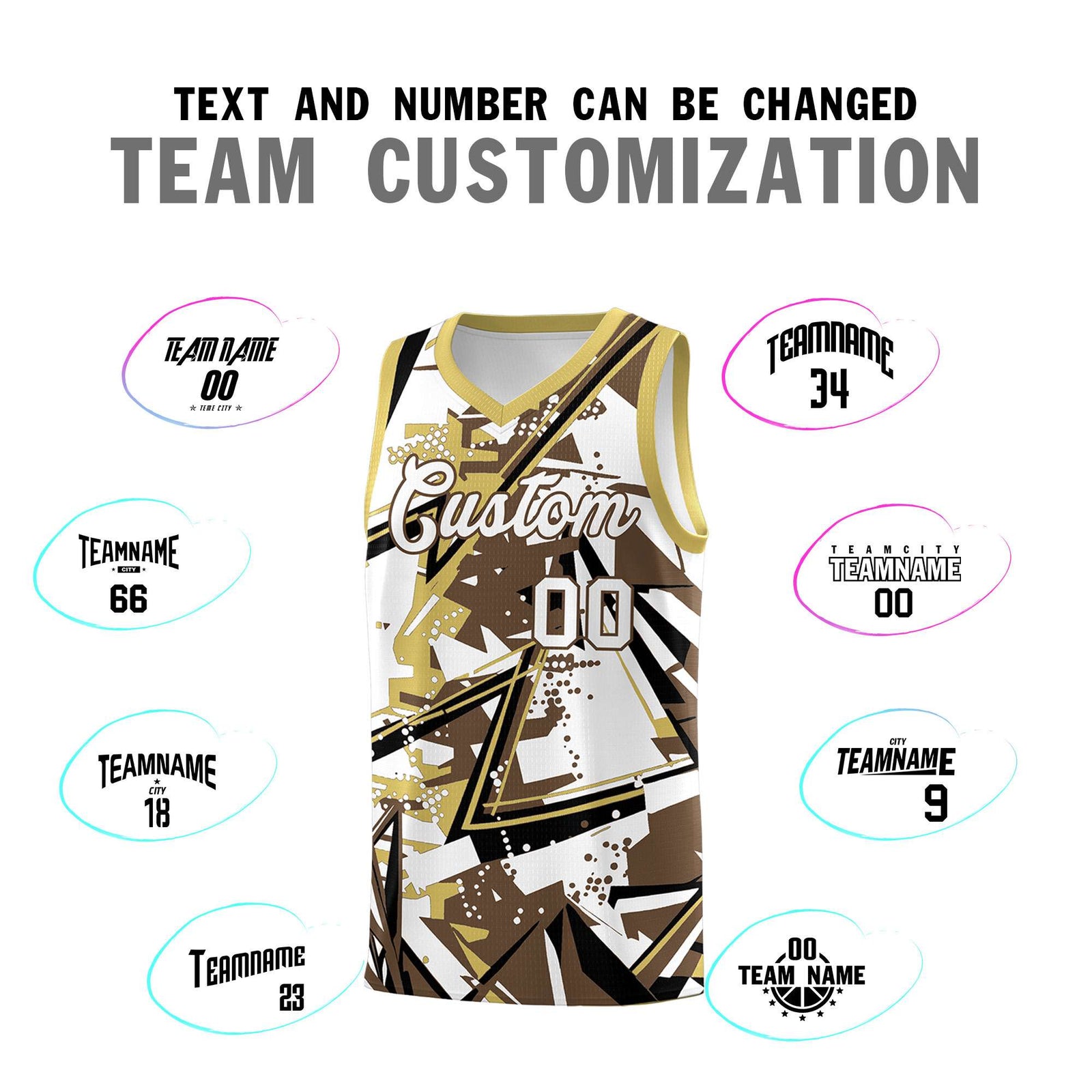 Custom Youth Basketball Jerseys Light Brown Old Gold Abstract Graffiti Personalized Team Name & Number