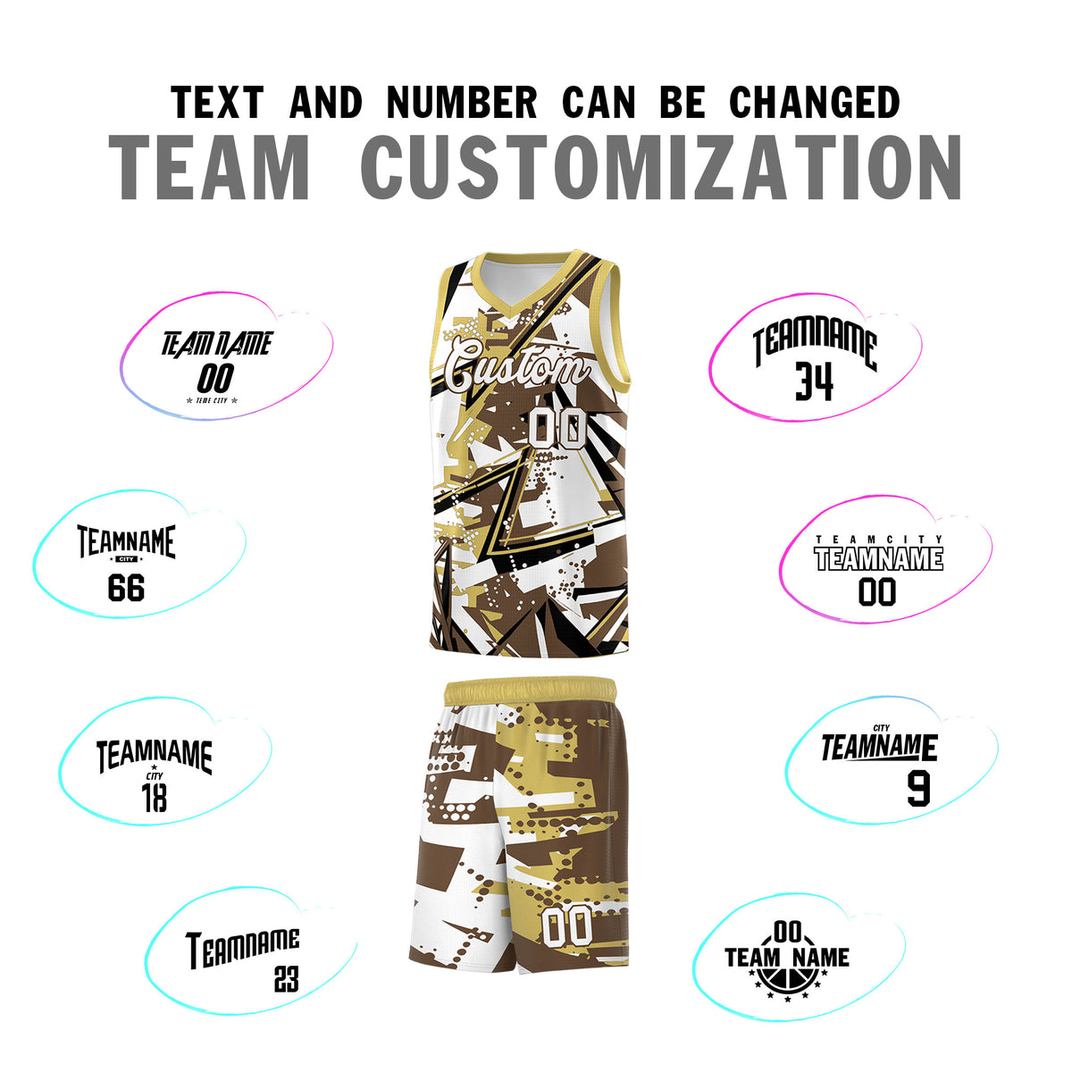 Custom Youth Basketball Jerseys Light Brown Old Gold Abstract Graffiti Personalized Team Name & Number