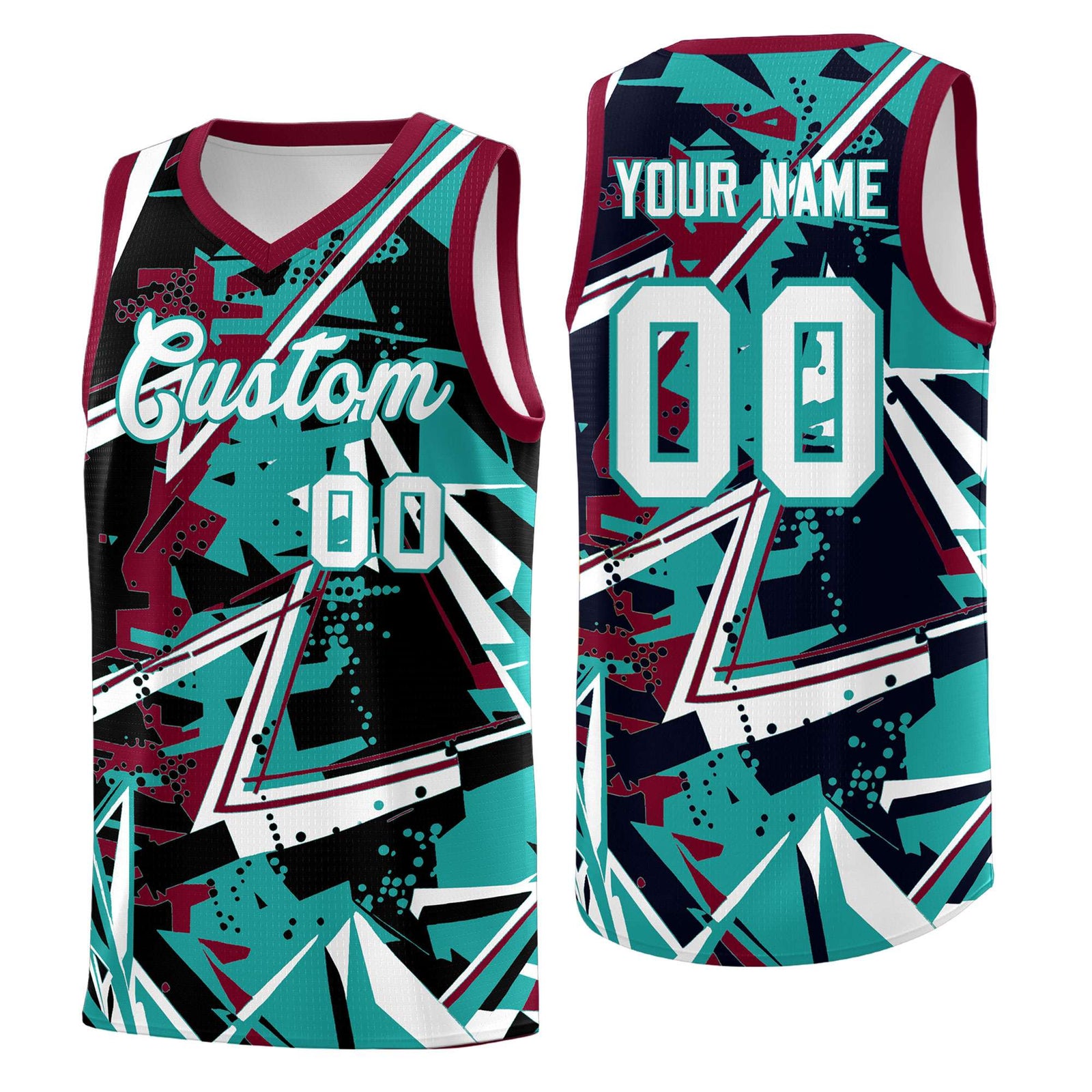 Custom Youth Basketball Jerseys Teal Crimson Abstract Graffiti Personalized Team Name & Number