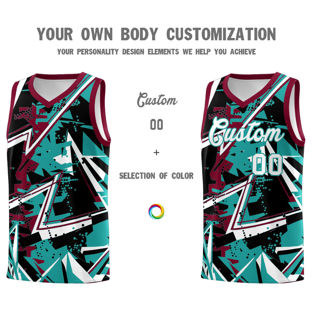 Custom Youth Basketball Jerseys Teal Crimson Abstract Graffiti Personalized Team Name & Number