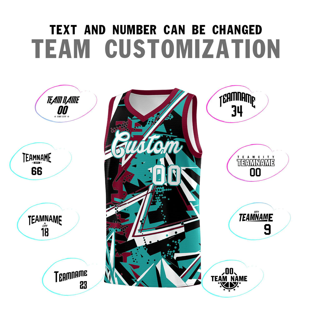 Custom Youth Basketball Jerseys Teal Crimson Abstract Graffiti Personalized Team Name & Number