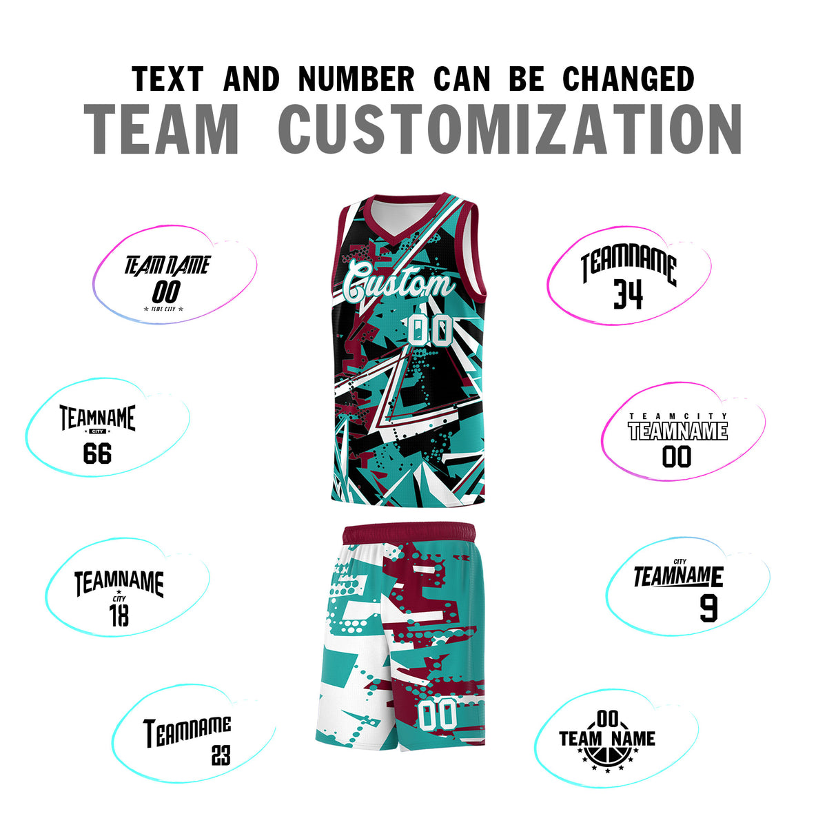 Custom Youth Basketball Jerseys Teal Crimson Abstract Graffiti Personalized Team Name & Number