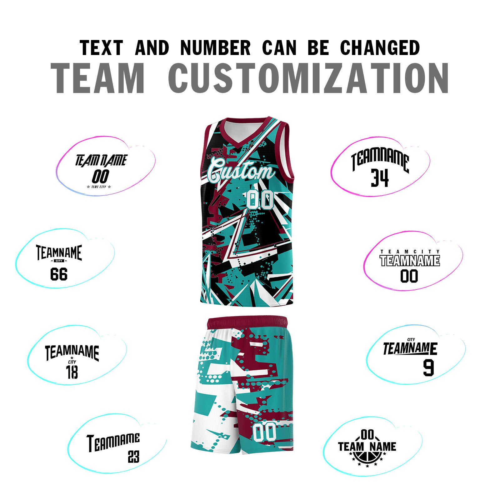 Custom Youth Basketball Jerseys Teal Crimson Abstract Graffiti Personalized Team Name & Number