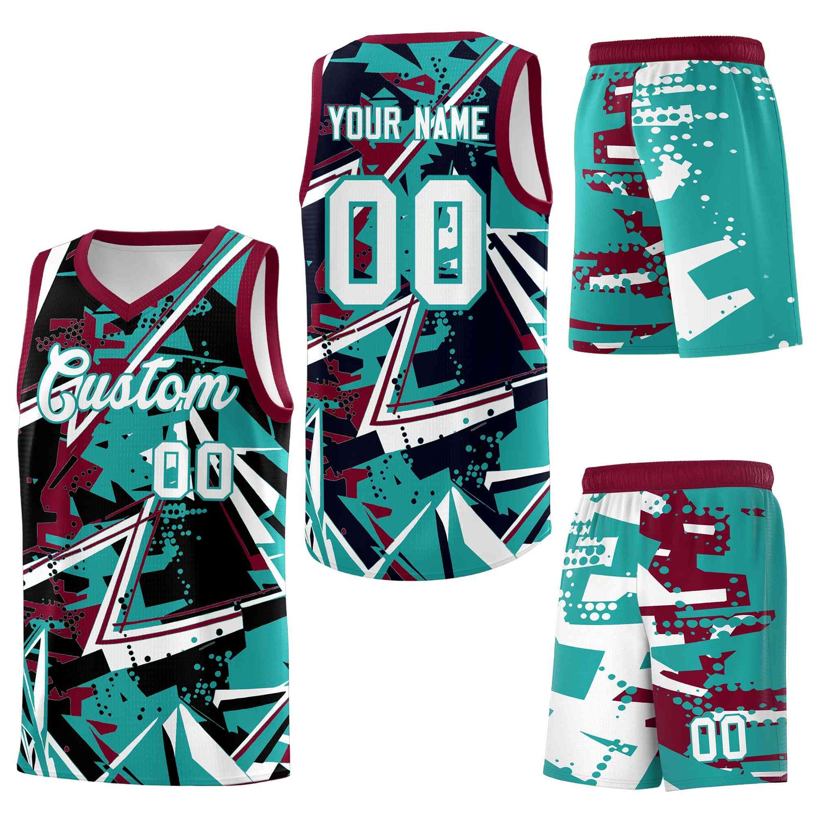 Custom Youth Basketball Jerseys Teal Crimson Abstract Graffiti Personalized Team Name & Number