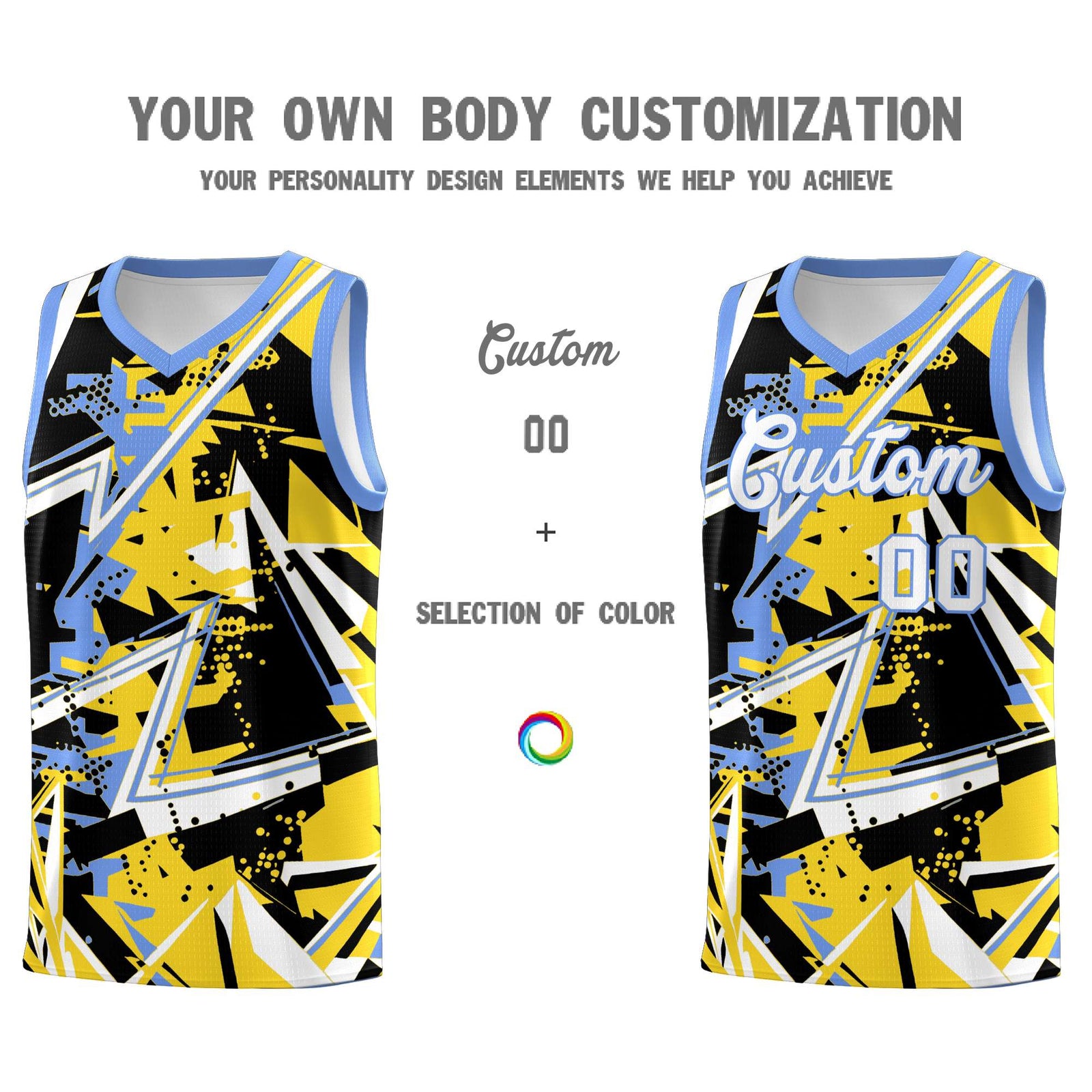 Custom Youth Basketball Jerseys Gold Light Blue Abstract Graffiti Urban Style Personalized Uniform