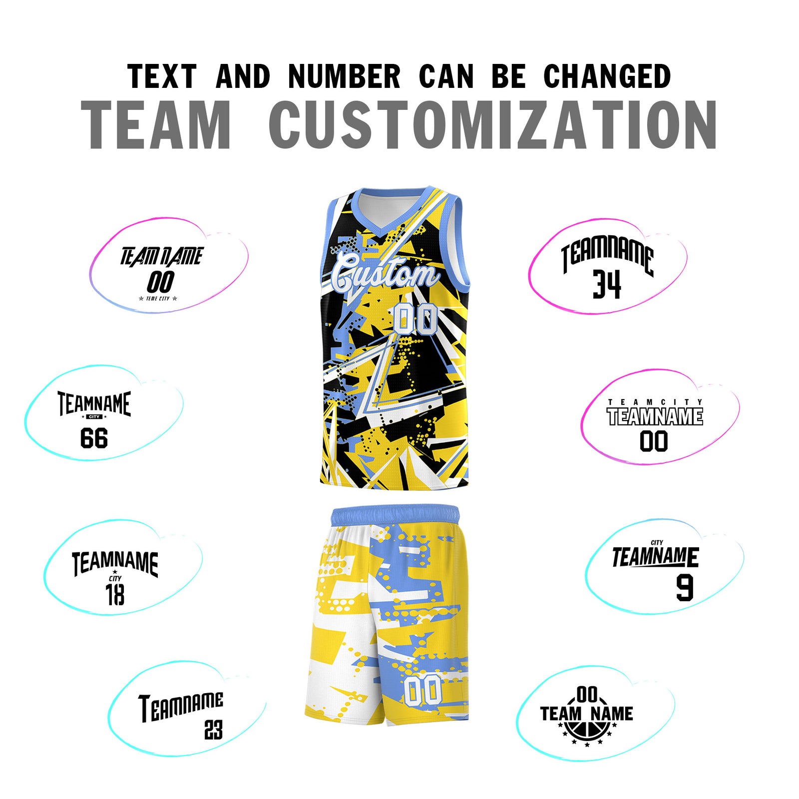 Custom Youth Basketball Jerseys Gold Light Blue Abstract Graffiti Urban Style Personalized Uniform