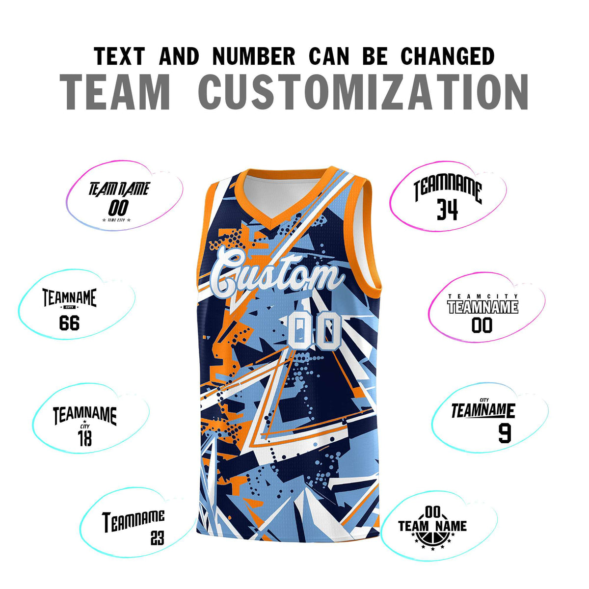 Custom Youth Basketball Jerseys Powder Blue Orange Abstract Graffiti Personalized Team Name & Number