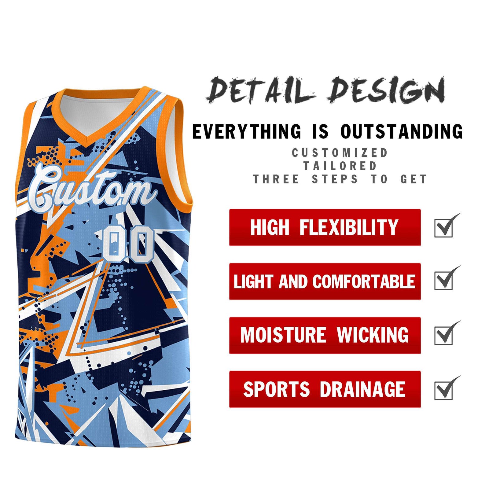 Custom Youth Basketball Jerseys Powder Blue Orange Abstract Graffiti Personalized Team Name & Number