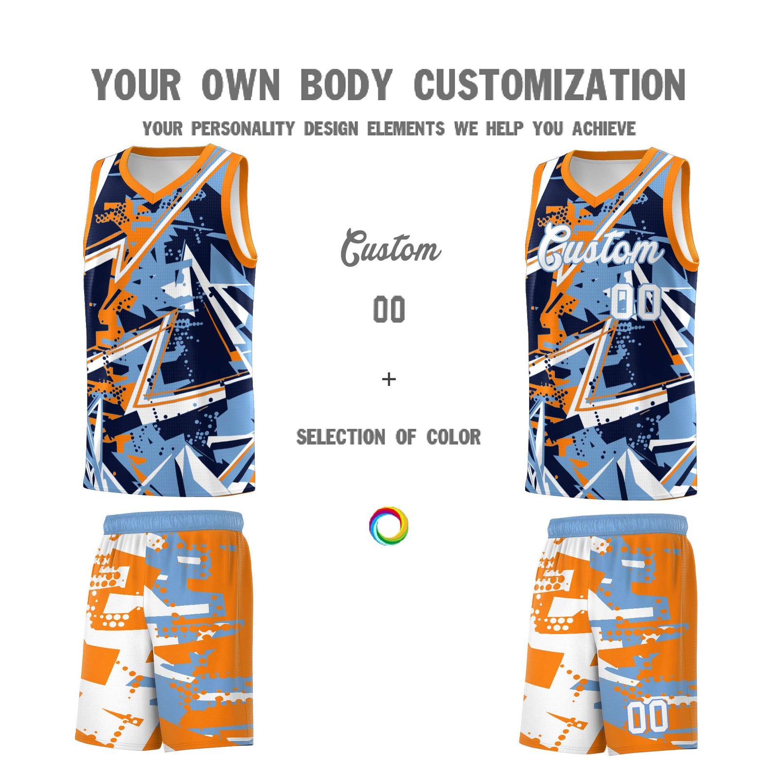 Custom Youth Basketball Jerseys Powder Blue Orange Abstract Graffiti Personalized Team Name & Number