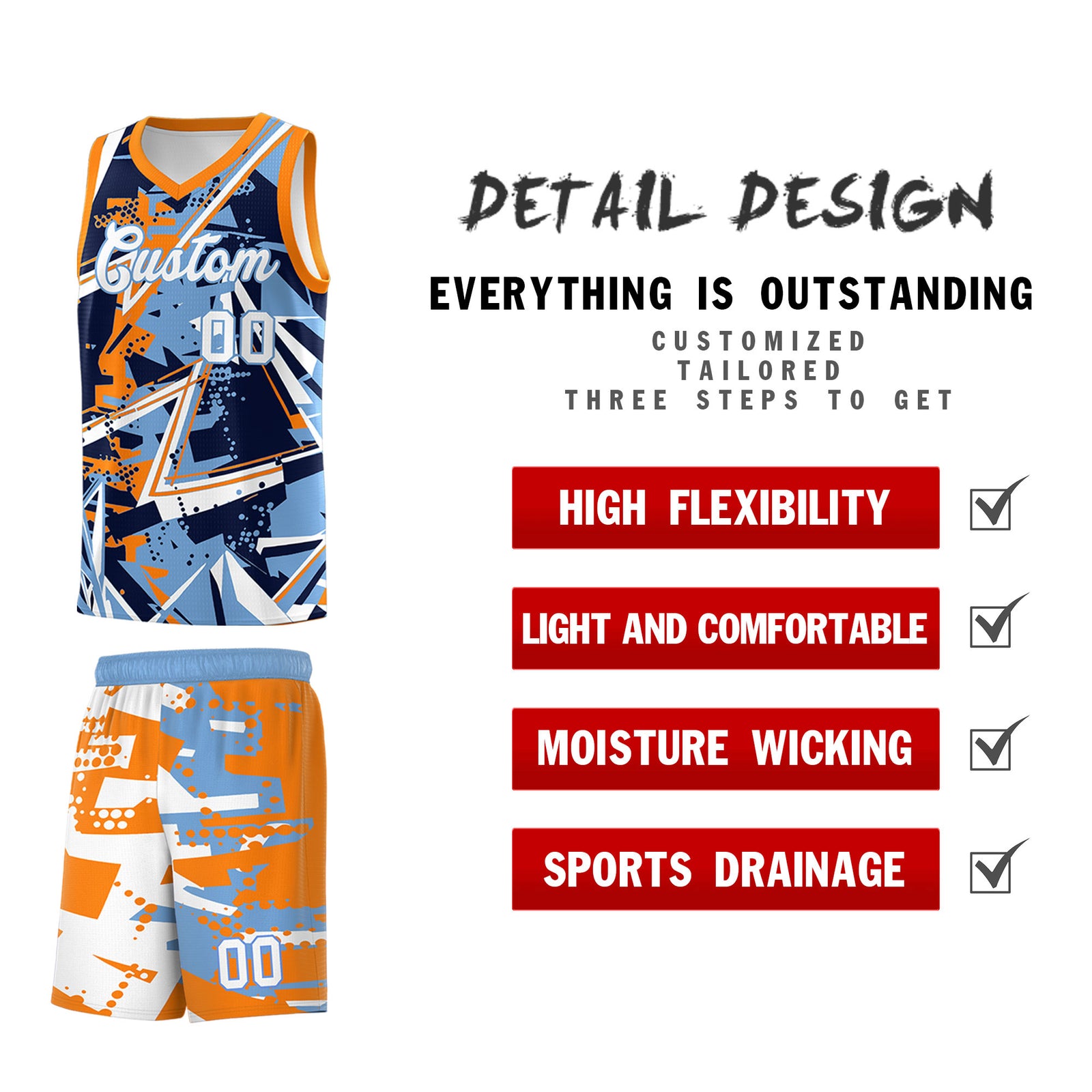 Custom Youth Basketball Jerseys Powder Blue Orange Abstract Graffiti Personalized Team Name & Number