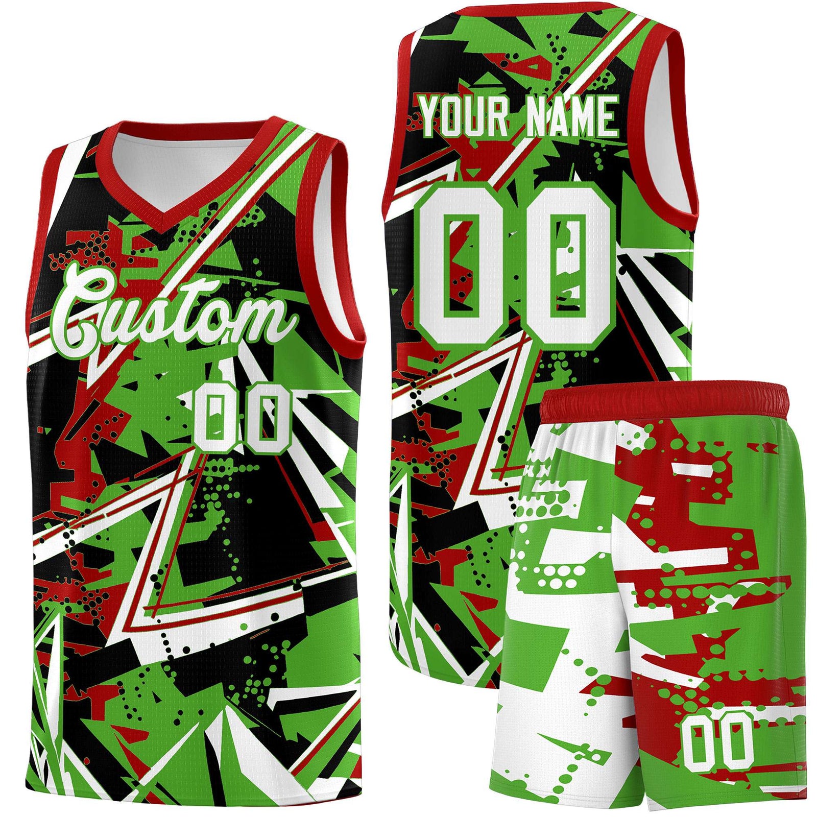 Custom Youth Basketball Jerseys Light Green Red Abstract Graffiti Urban Style Personalized Uniform