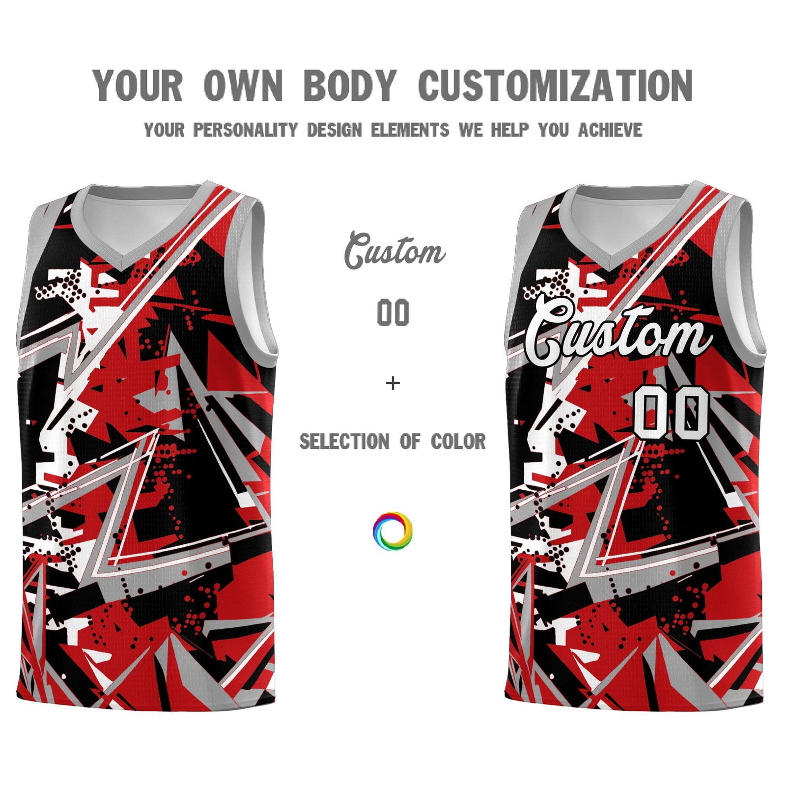 Custom Youth Basketball Jerseys Red Gray Abstract Graffiti Personalized Team Name & Number