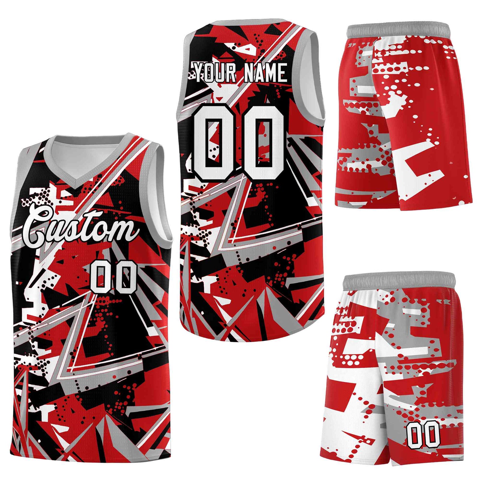 Custom Youth Basketball Jerseys Red Gray Abstract Graffiti Personalized Team Name & Number