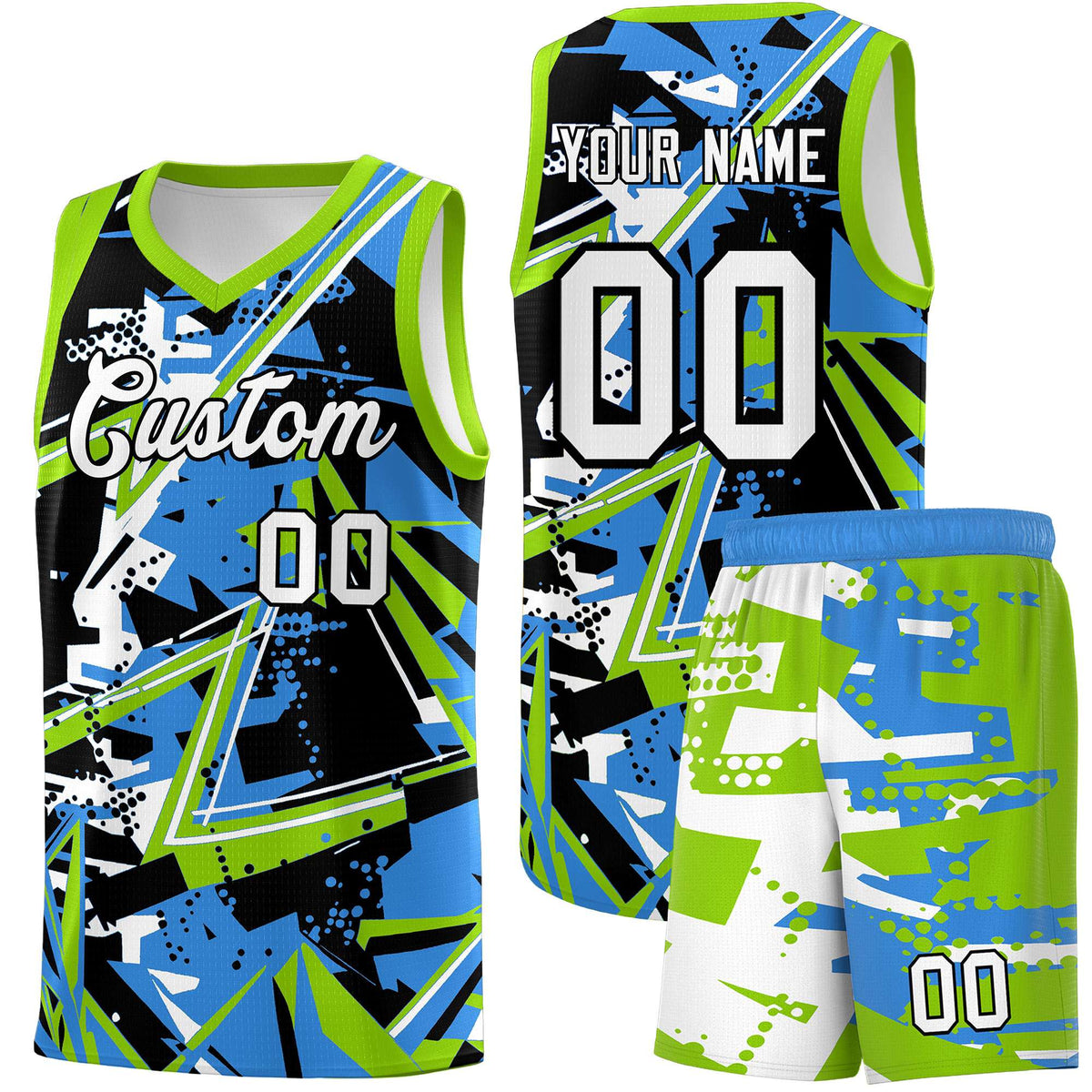 Custom Youth Basketball Jerseys Light Blue Neon Green Abstract Graffiti Personalized Street Style Uniform